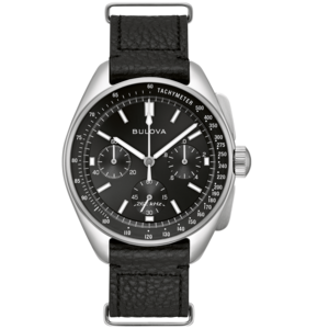 Schwarze Bulova-Uhr mit Lederarmband und Tachymeter-Funktion, 26 kHz.