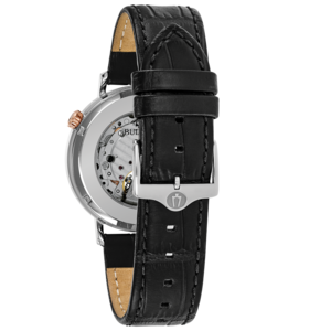 Schwarze Uhr mit Lederarmband und silberner Schnalle, Detailaufnahme