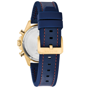 Goldene Uhr mit blauem Armband und roter Naht, Bulova-Logo.