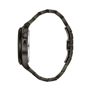 Schwarze Uhr mit Armband. Seitenansicht. Elegantes Design. Modernes Accessoire.