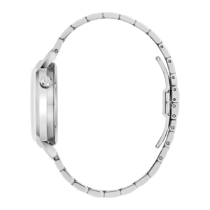Silberne Uhr mit Armband, Seitenansicht, Detailaufnahme, isoliert auf Weiß