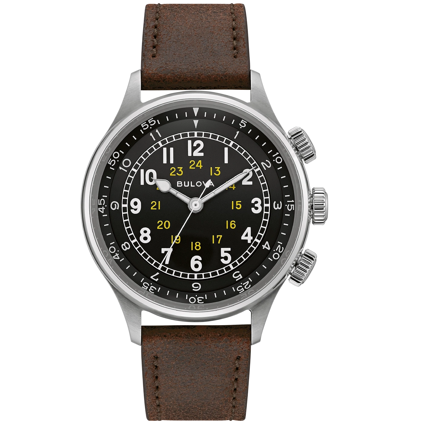 Bulova Uhr mit schwarzem Zifferblatt und braunem Lederarmband, silbernem Gehäuse.