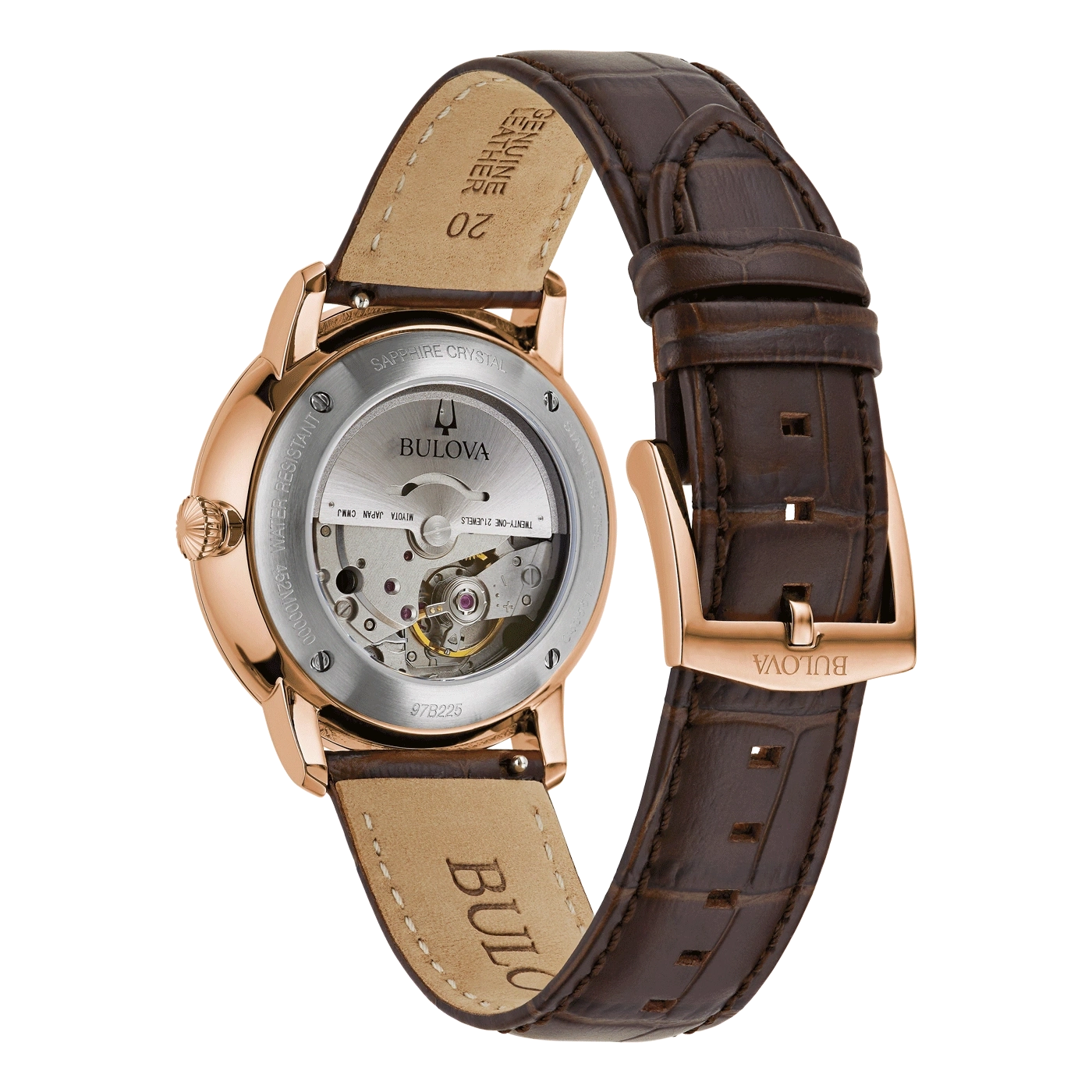Bulova-Uhr mit braunem Lederarmband, Saphirglas, wasserdicht, 21 Juwelen.