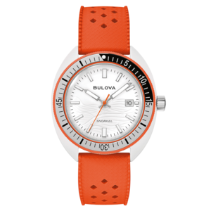 Bulova Snorkel Uhr mit orangefarbenem Armband und weißem Zifferblatt