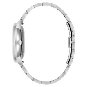 Uhr, silbernes Armband, Seitenansicht, rundes Zifferblatt, elegantes Design, Accessoire, Mode
