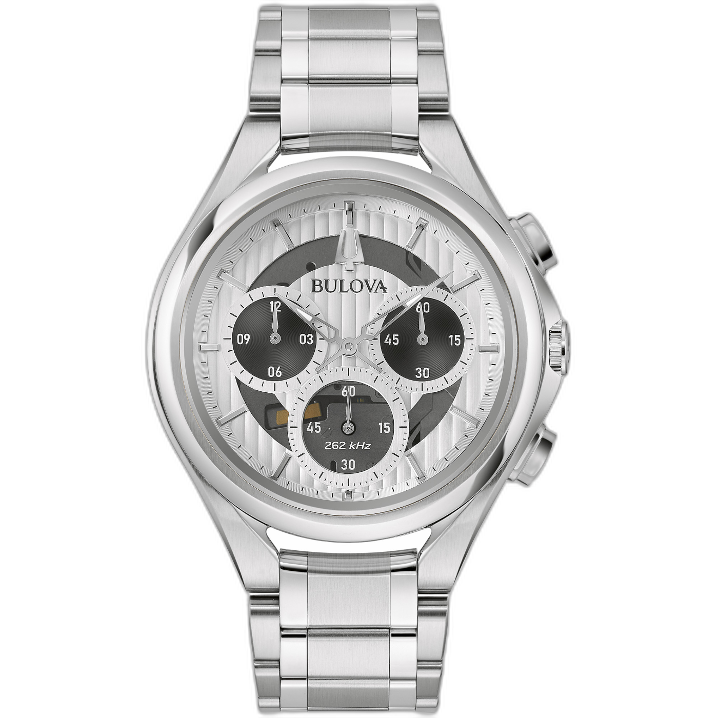 Bulova-Uhr mit silbernem Armband und schwarzem Zifferblatt, Chronograph-Design.