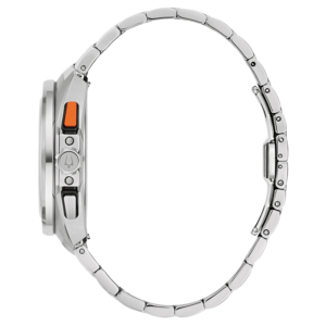 Uhr, silbernes Armband, orangefarbene Taste, Seitenansicht, Detailaufnahme, Accessoire, Mode