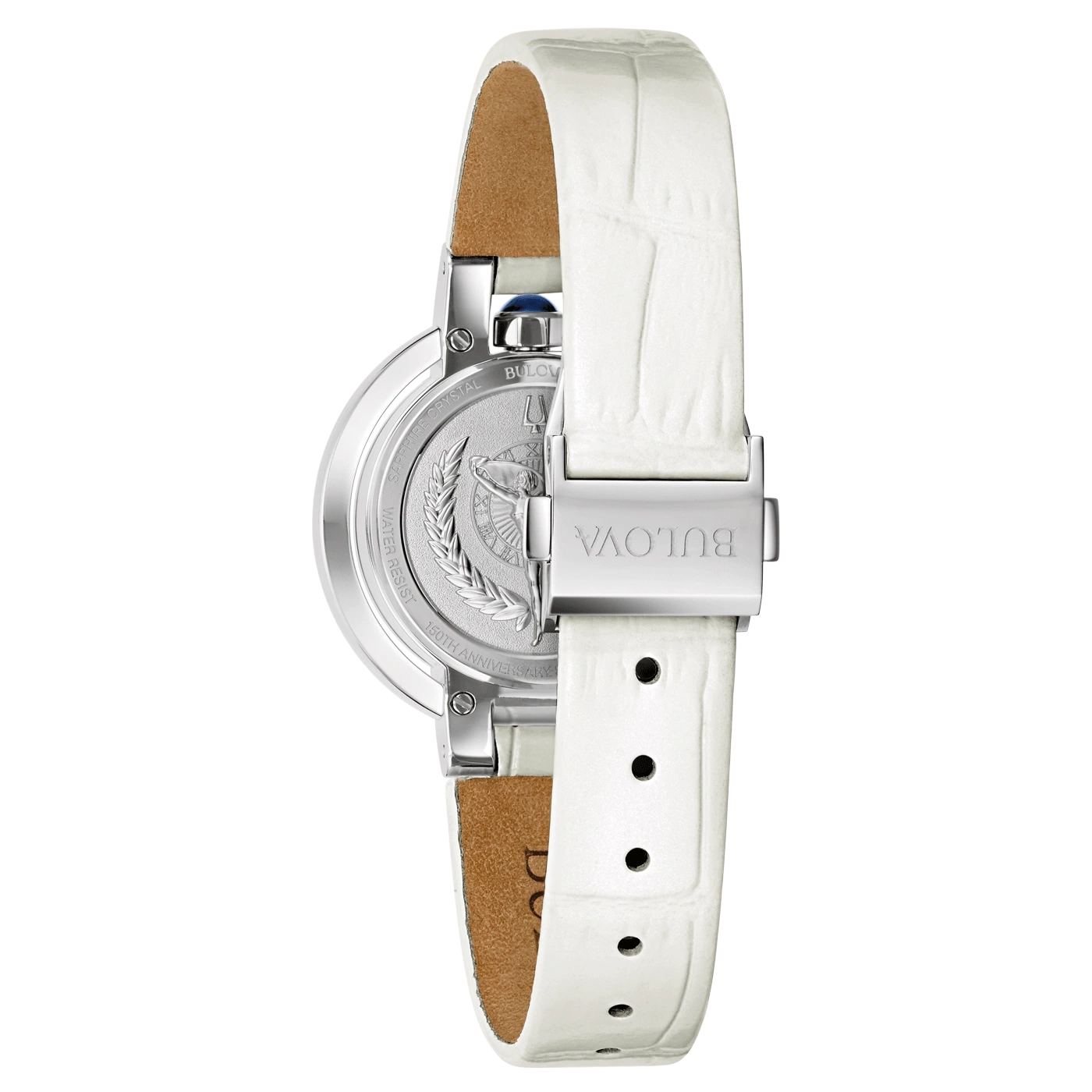 Bulova-Uhr, weißes Lederarmband, 150-jähriges Jubiläum, Detailaufnahme, Nahaufnahme