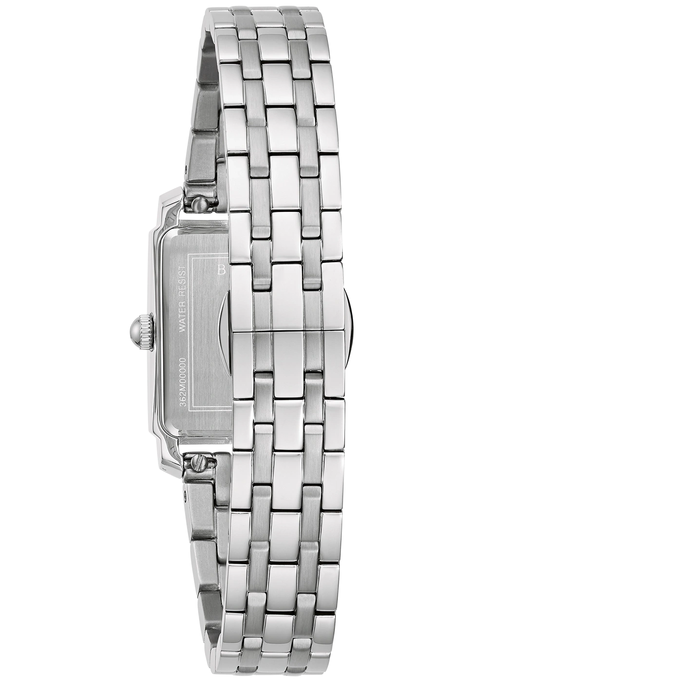 Silberne Armbanduhr mit rechteckigem Zifferblatt und Metallarmband, Nahaufnahme
