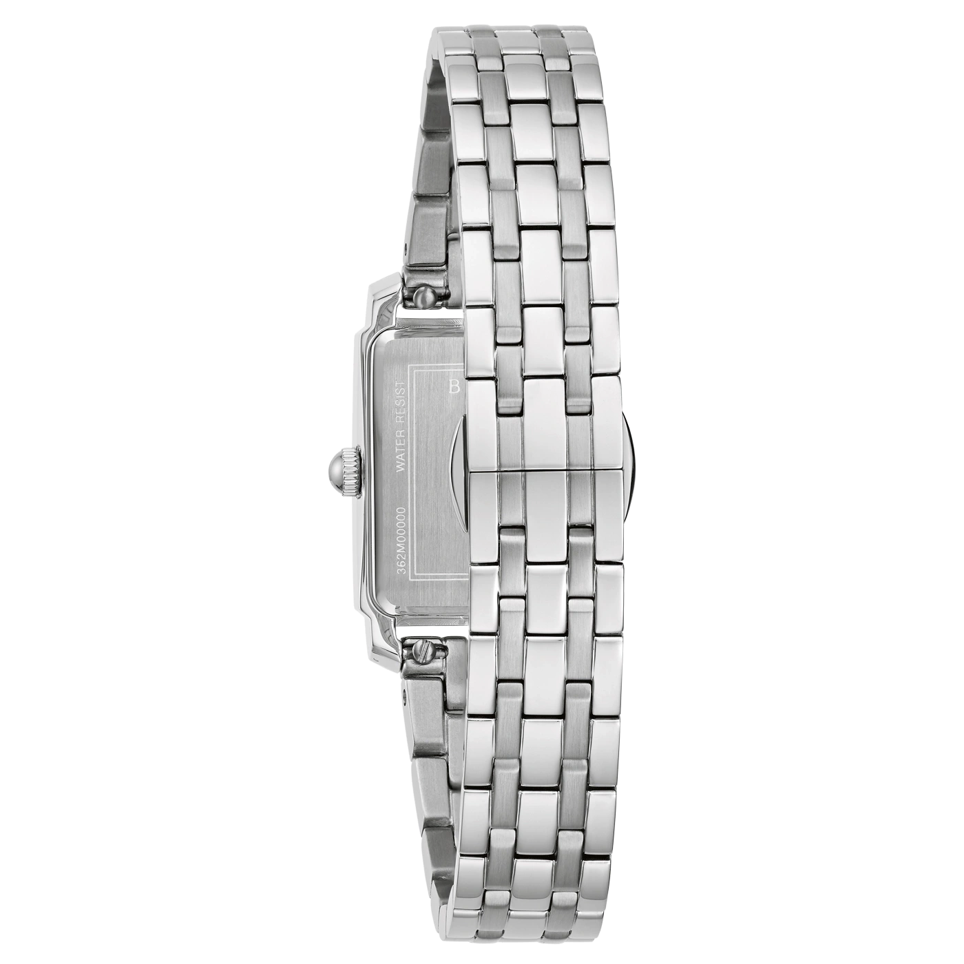 Nahaufnahme einer silbernen Armbanduhr mit rechteckigem Zifferblatt und Metallarmband.