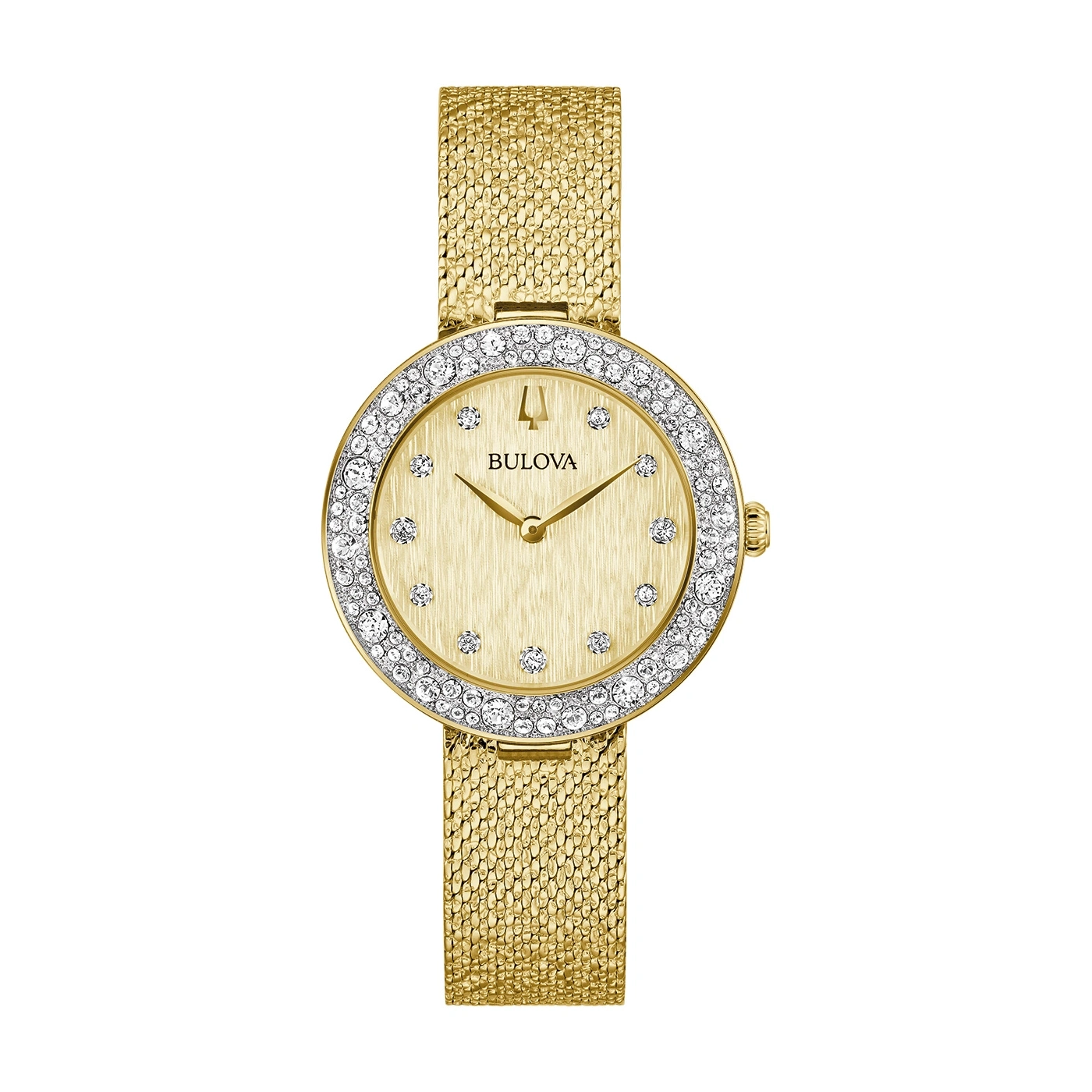 Goldene Bulova-Uhr mit Diamanten und goldenem Armband, elegant.
