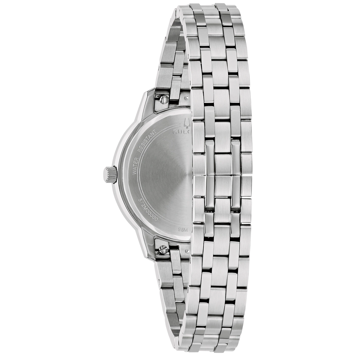 Rückseite einer silbernen Bulova-Uhr mit Wasserdichtigkeit und Modellnummer.