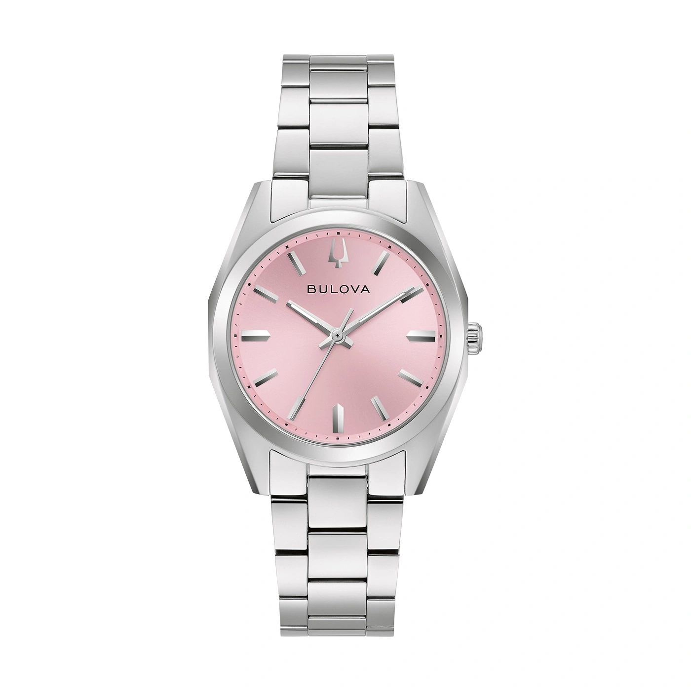 Eine silberne Bulova-Uhr mit einem rosa Zifferblatt und einem Metallarmband.