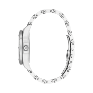 Weiße Damenuhr mit silbernem Zifferblatt und Armband, Seitenansicht, elegant.