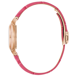Rosa Damenuhr mit roségoldfarbenem Gehäuse und Armband, Nahaufnahme