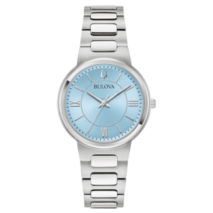 Bulova-Uhr mit hellblauem Zifferblatt und silbernem Armband