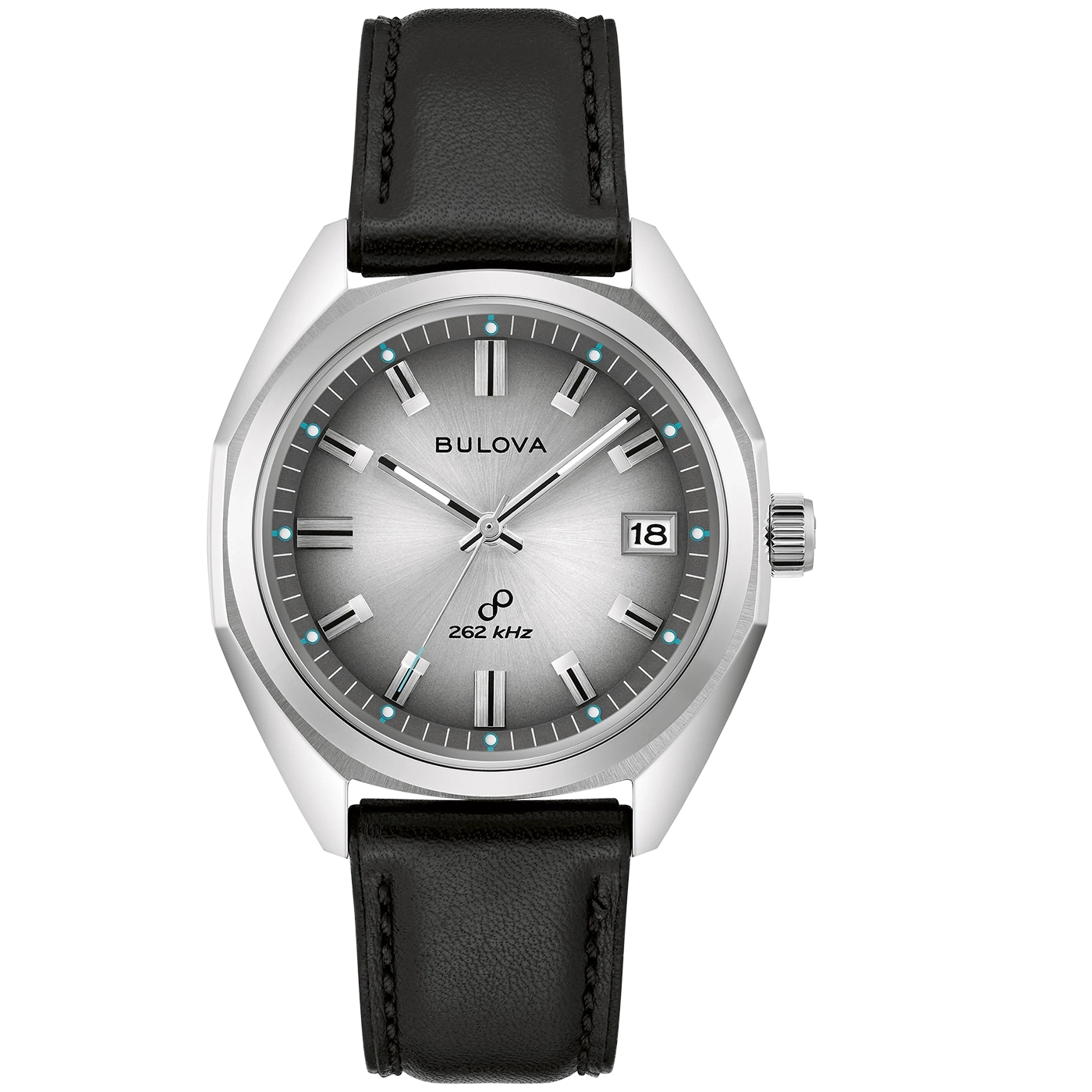 Bulova-Uhr mit silbernem Zifferblatt und schwarzem Lederarmband