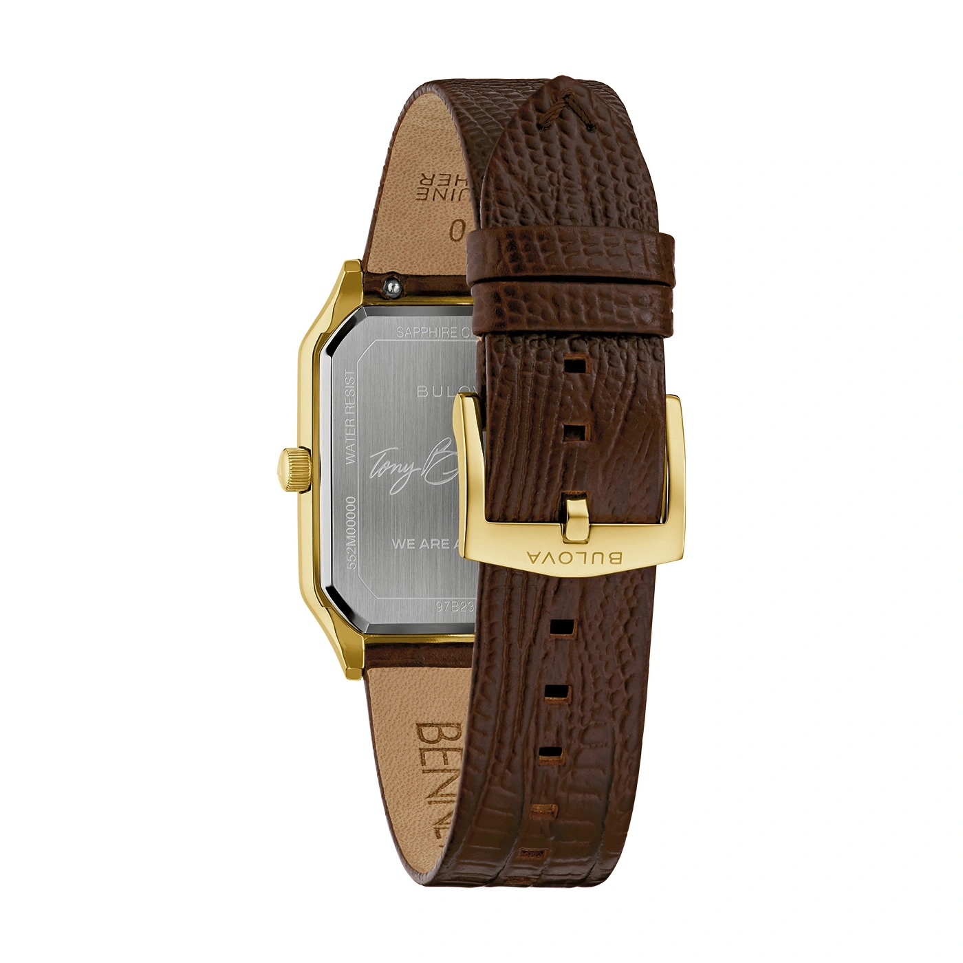 Bulova-Uhr, braunes Lederarmband, goldfarbene Schnalle, Detailaufnahme, Rückseite