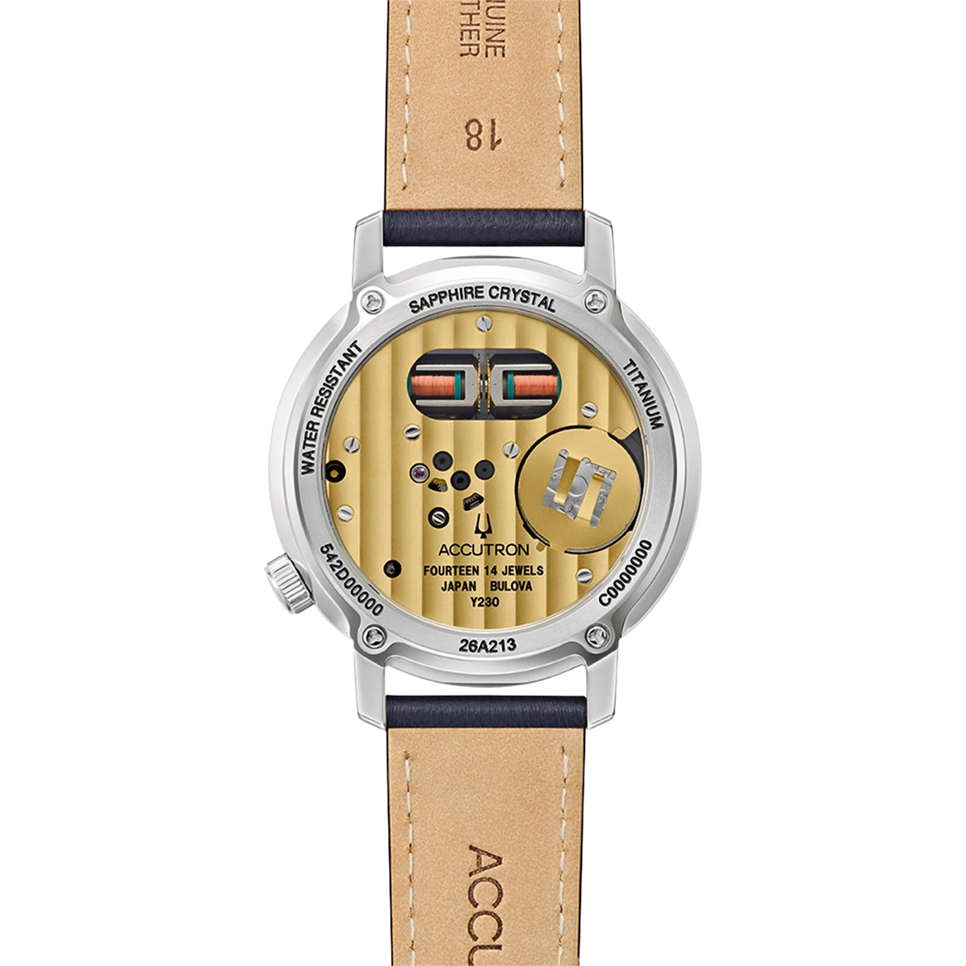 Rückseite einer goldenen Accutron-Uhr mit Lederarmband und Gravuren.