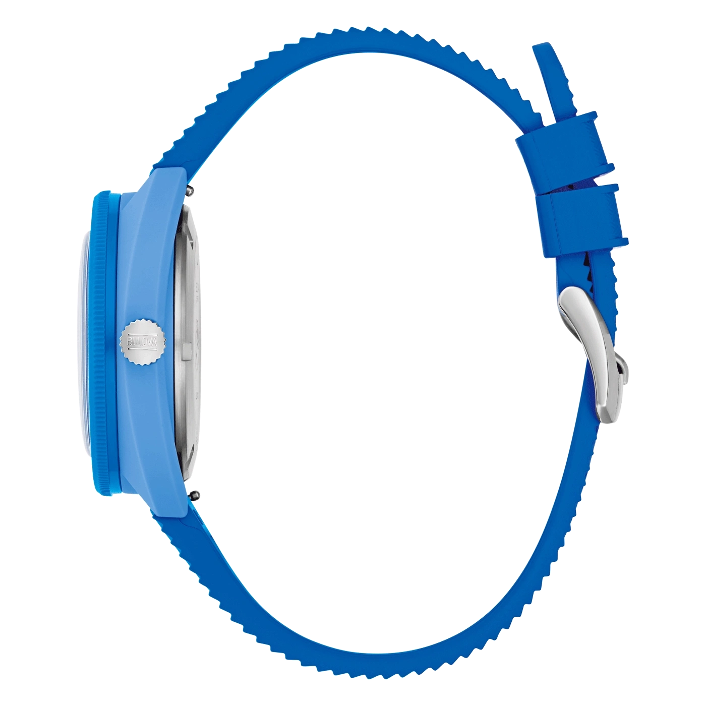 Blaue Uhr mit blauem Armband. Bulova-Logo. Detailaufnahme der Uhr.