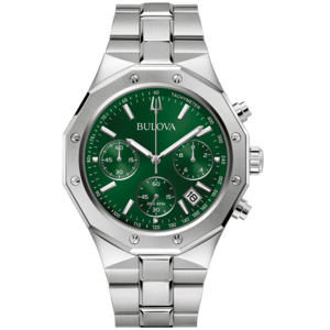 Bulova-Uhr mit grünem Zifferblatt und silbernem Armband, Chronograph-Funktion.