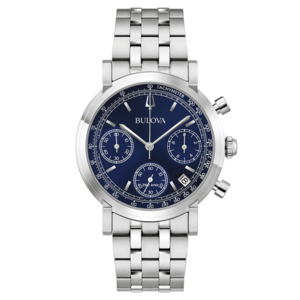 Bulova-Uhr mit blauem Zifferblatt und silbernem Armband, Chronograph-Funktion.