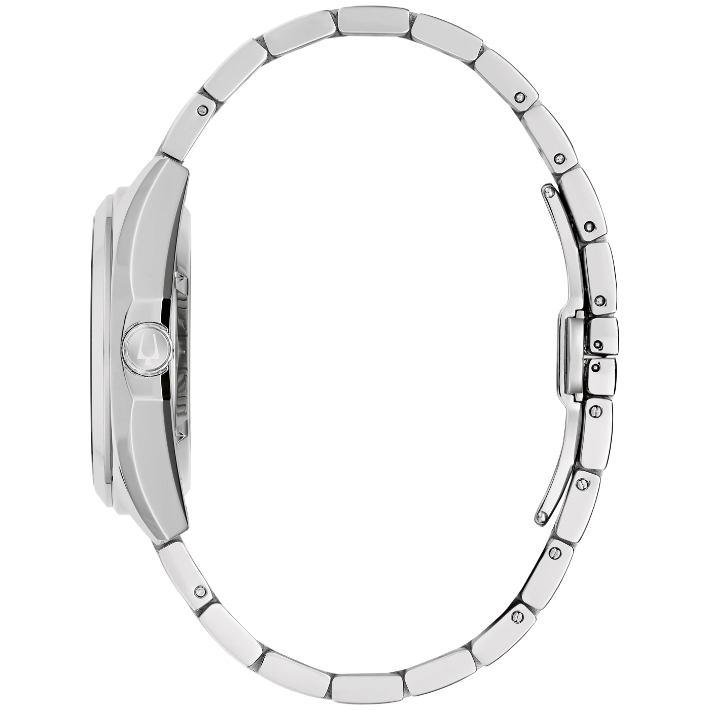 Seitansicht einer silbernen Armbanduhr mit einem gebogenen Metallarmband