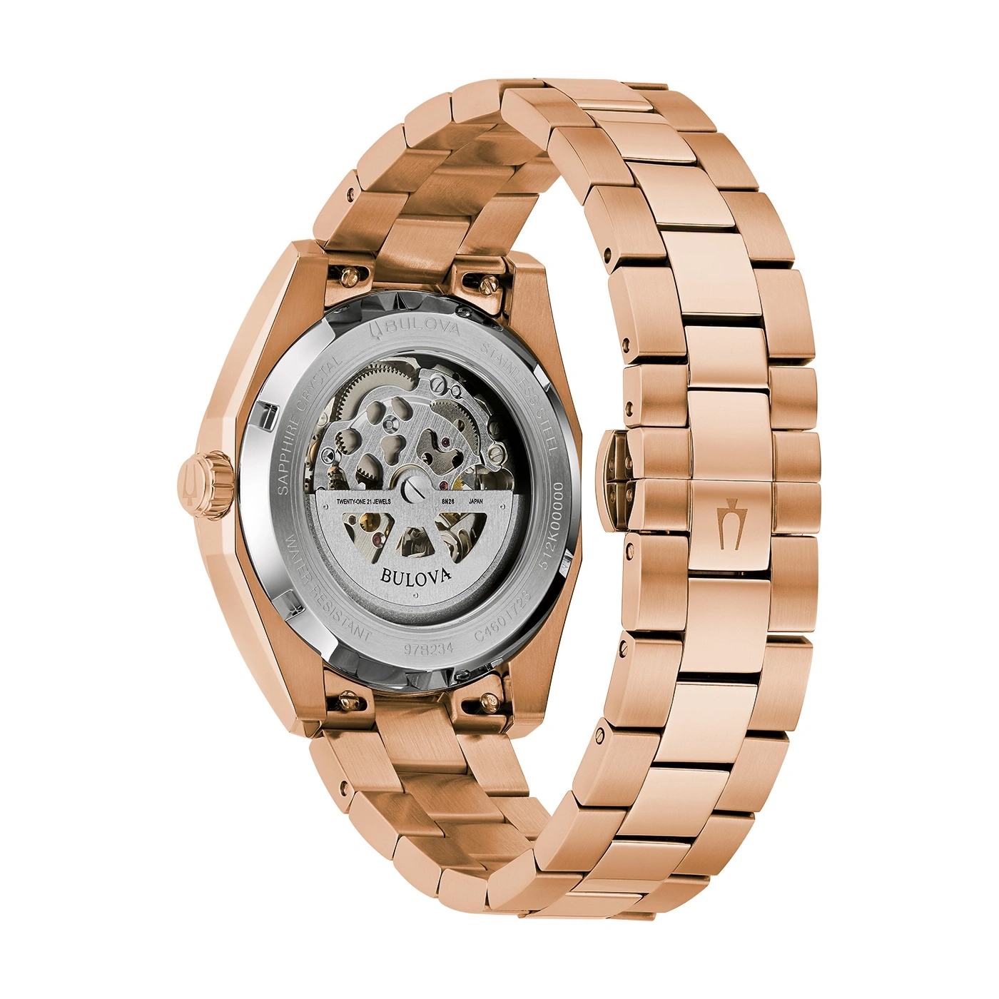 Bulova Uhr, roségoldfarben, skelettiert, wasserdicht, Saphirglas, Edelstahl, japanisches Uhrwerk