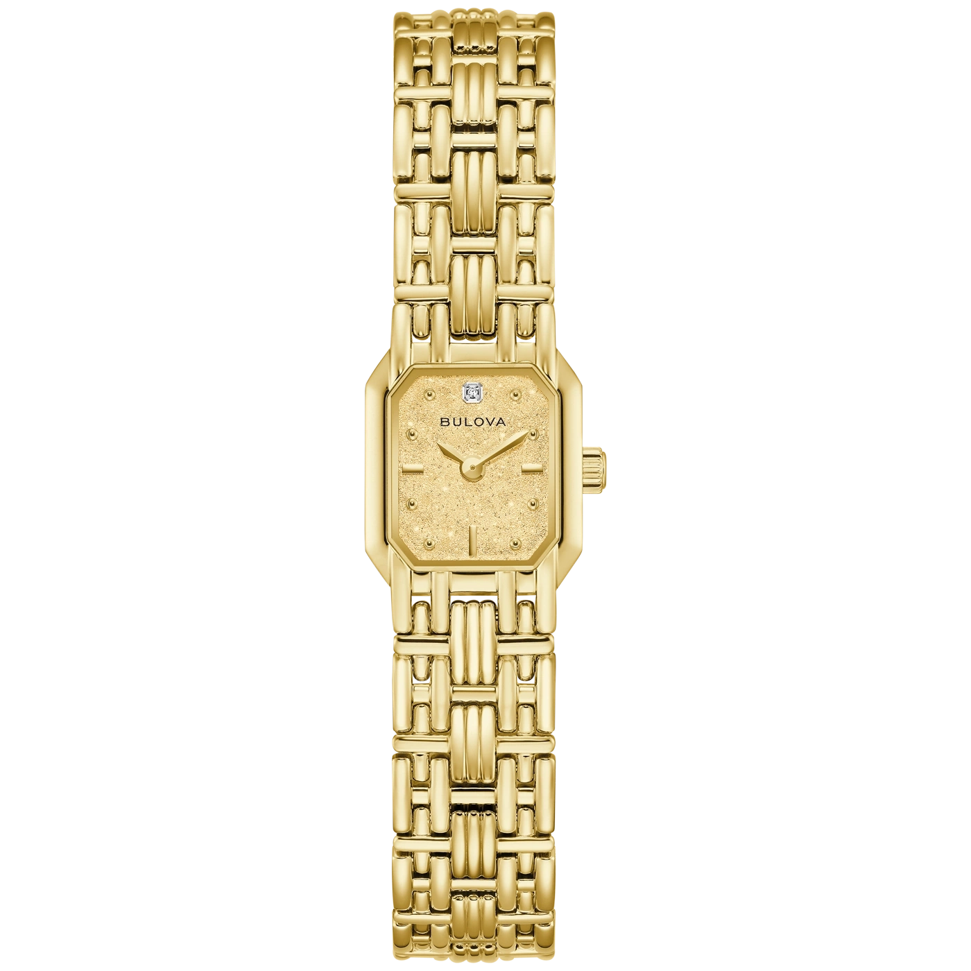 Eine goldene Damenuhr von Bulova mit funkelndem Zifferblatt und Diamant. Die Uhr hat ein rechteckiges Gehäuse und ein Gliederarmband.
