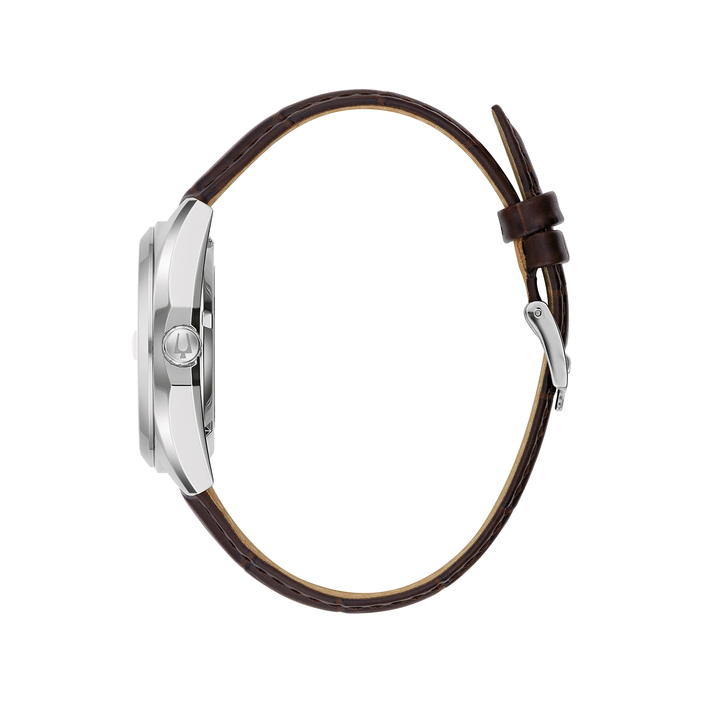Uhr mit braunem Lederarmband, Seitenansicht, silbernes Gehäuse, Detailaufnahme