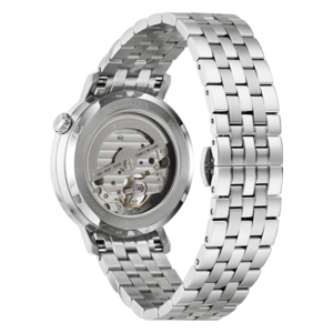 Bulova-Uhr mit transparentem Gehäuseboden und Edelstahlarmband, Uhrwerk sichtbar