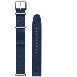 Dunkelblaue Lederarmbanduhr mit silbernen Schnallen und Bulova-Logo.