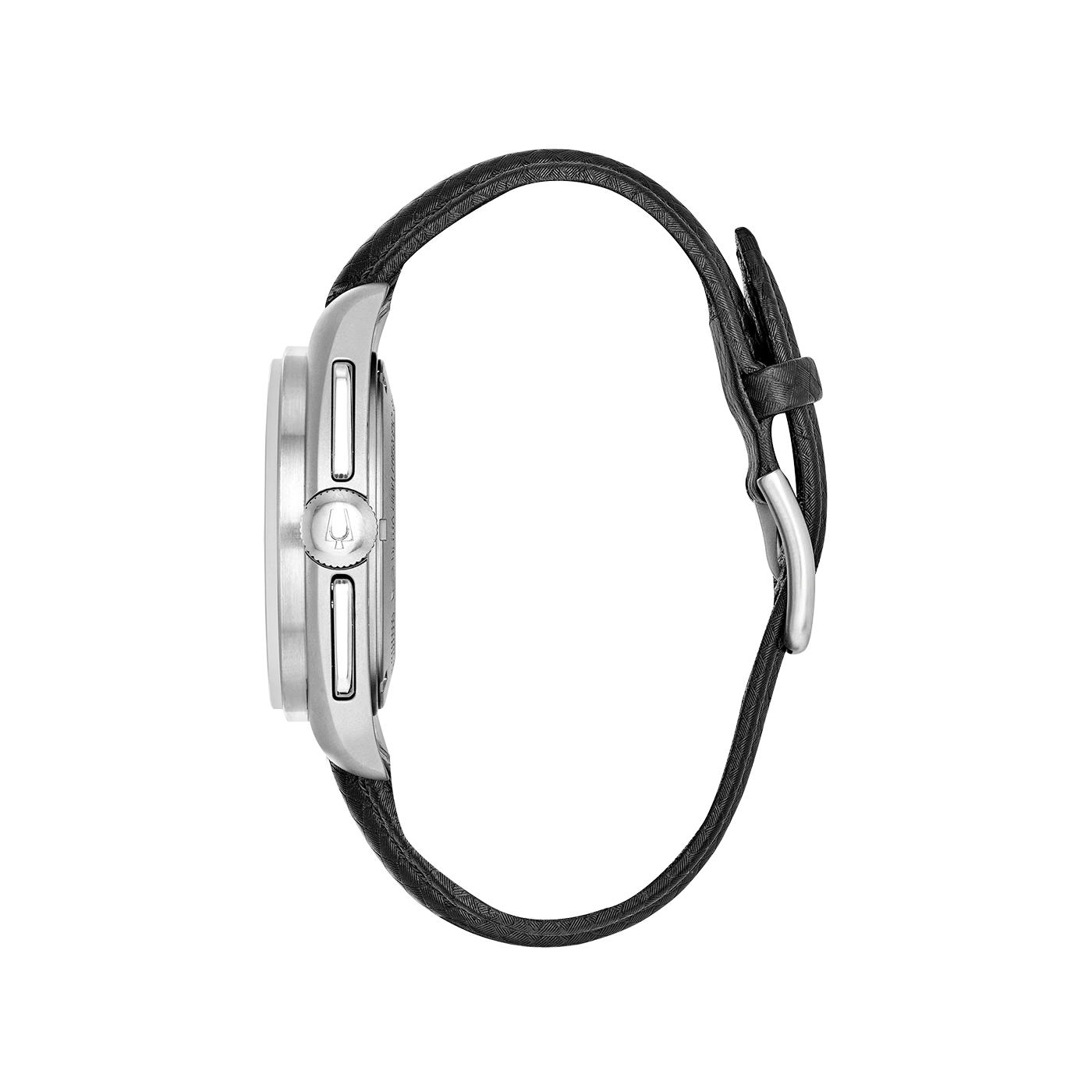 Uhr mit schwarzem Lederarmband, silbernem Gehäuse, Seitenansicht, Detailaufnahme