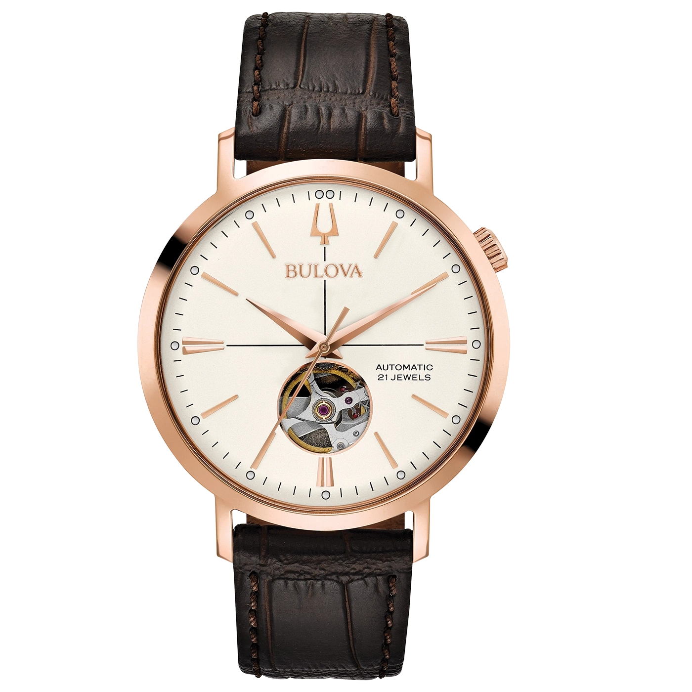 Bulova-Uhr mit roségoldfarbenem Gehäuse und braunem Lederarmband, Automatikwerk.