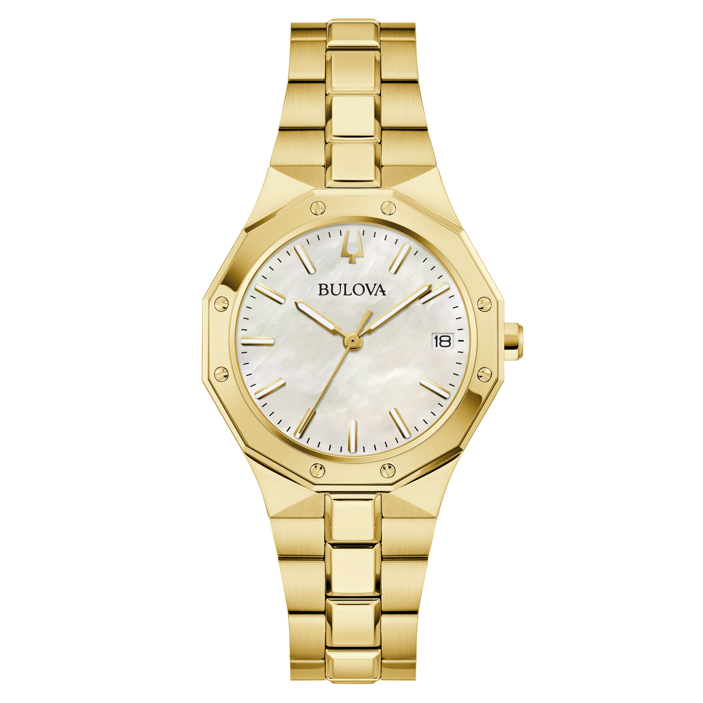 Goldene Bulova-Uhr mit Perlmutt-Zifferblatt und Datumsanzeige, elegantes Design.