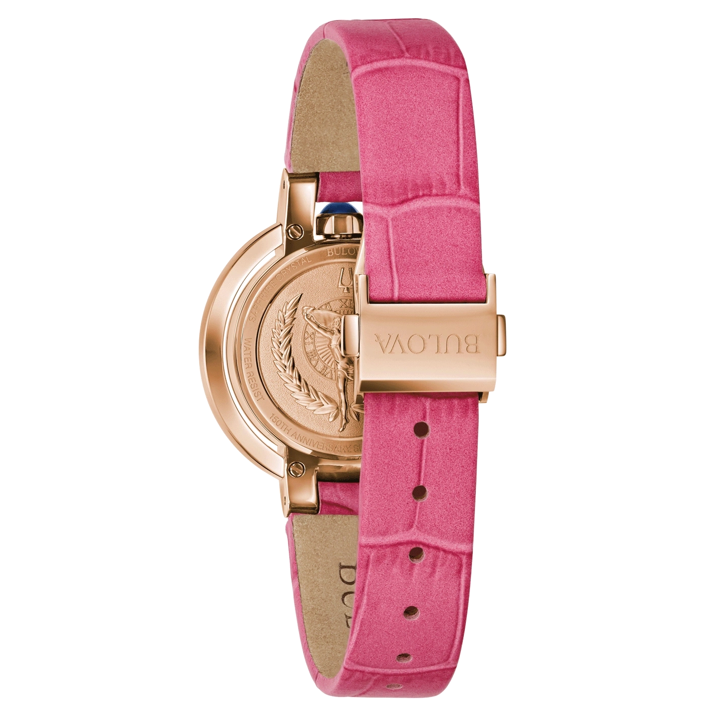 Rosa Uhr mit rosafarbenem Armband, Bulova-Logo, Detailaufnahme, Nahaufnahme