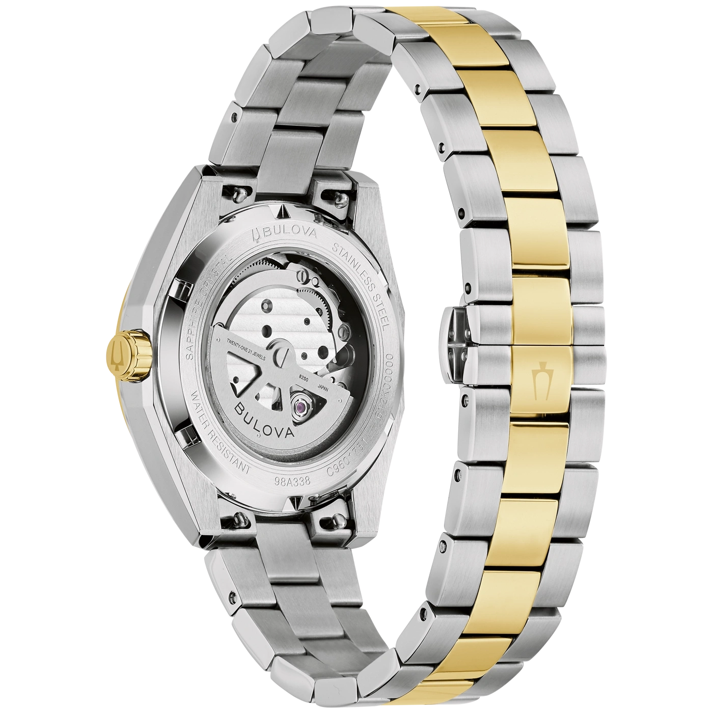 Rückseite einer zweifarbigen Bulova Automatikuhr mit Edelstahlgehäuse und goldenen Akzenten.