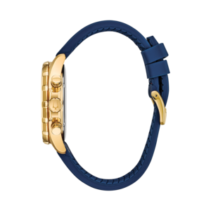 Goldene Uhr mit blauem Armband, Seitenansicht, Detailaufnahme, elegant