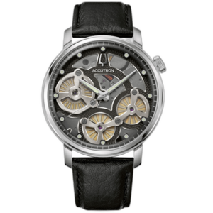 Accutron Uhr mit schwarzem Lederarmband und transparentem Zifferblatt