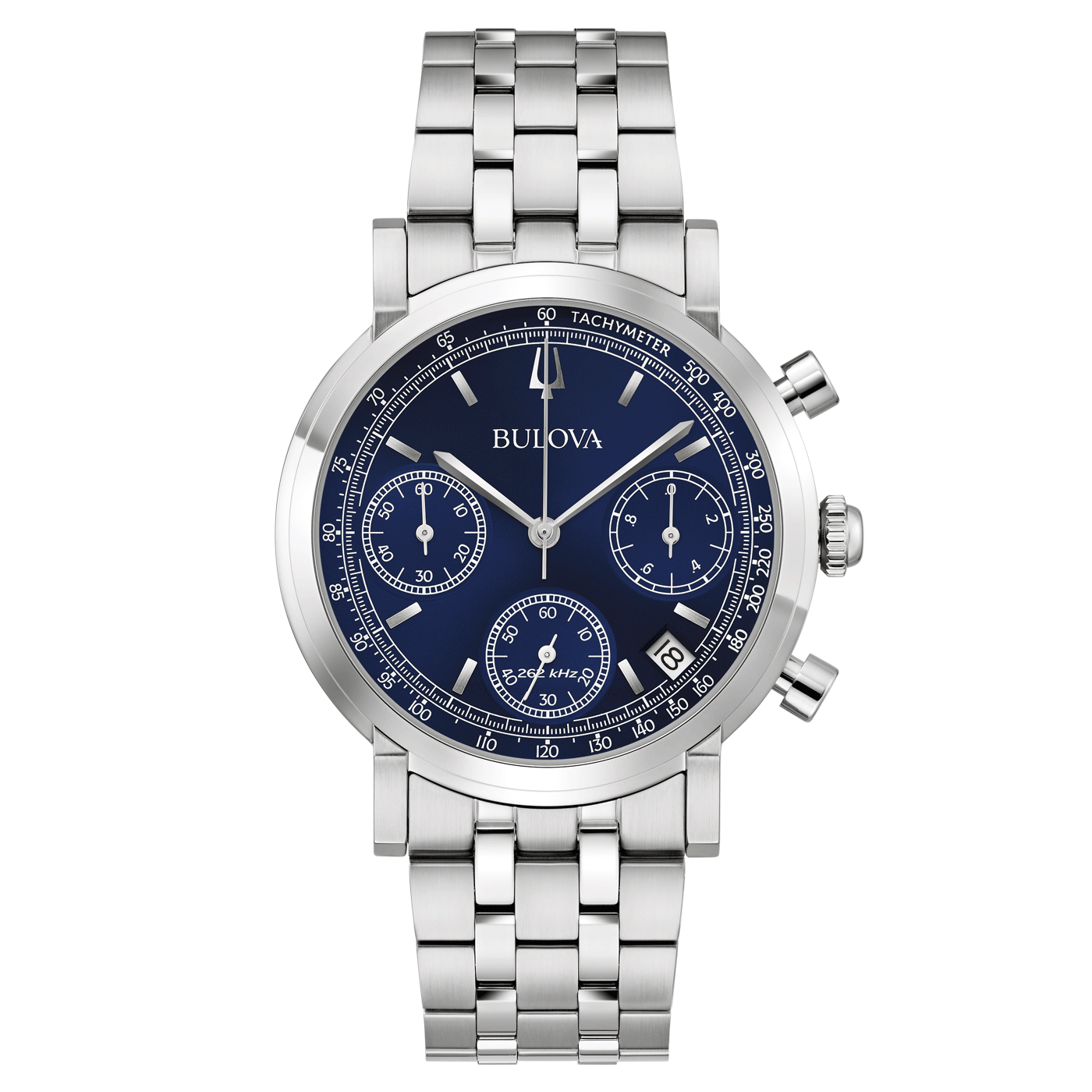 Bulova-Uhr mit blauem Zifferblatt und silbernem Armband, Chronograph-Funktion.