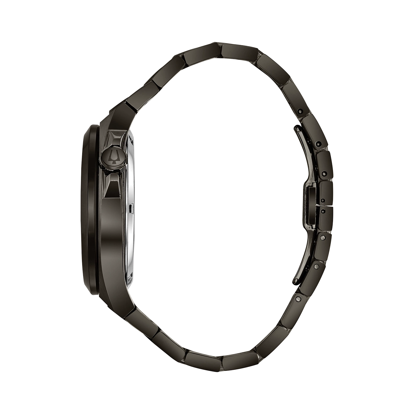 Schwarze Uhr mit Armband. Seitenansicht. Elegantes Design. Modernes Accessoire.