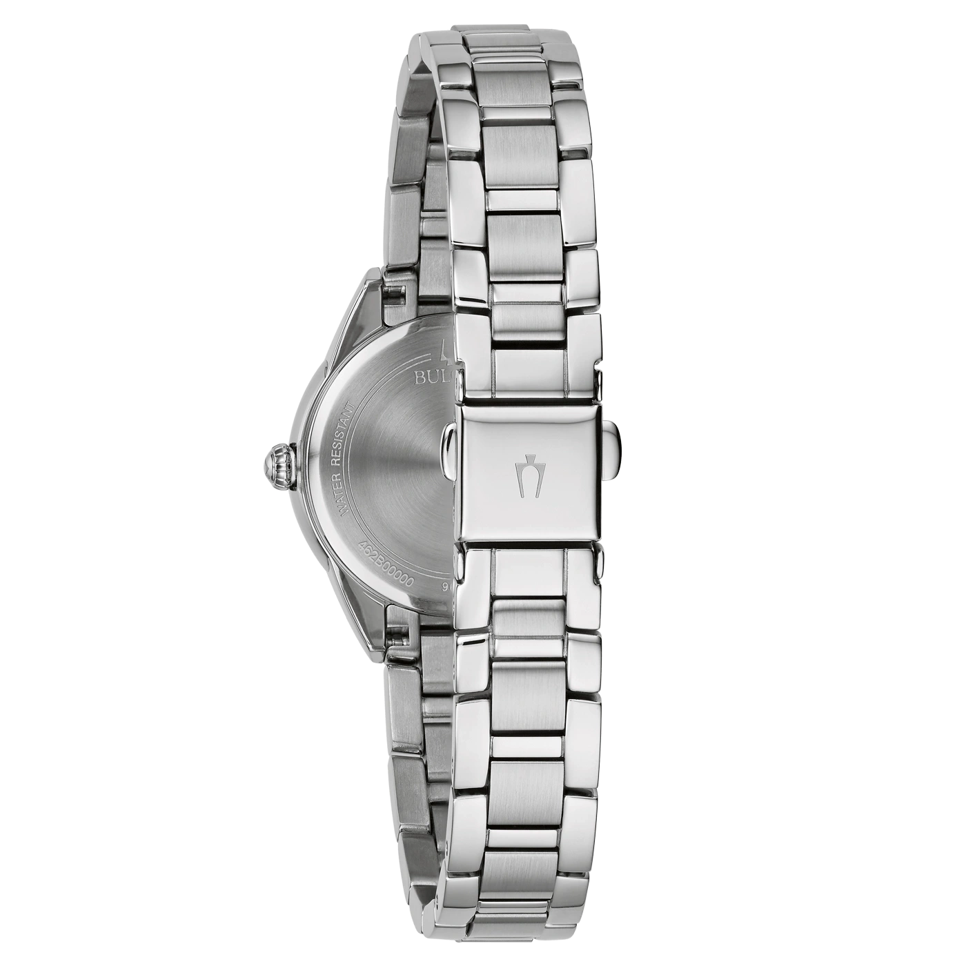 Rückseite einer silbernen Uhr mit Armband und Logo