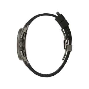 Schwarze Uhr mit schwarzem Armband, Seitenansicht, Detailaufnahme, modernes Design