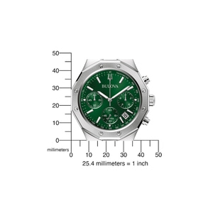 Bulova-Uhr mit grünem Zifferblatt und Tachymeter-Funktion, Edelstahlgehäuse.