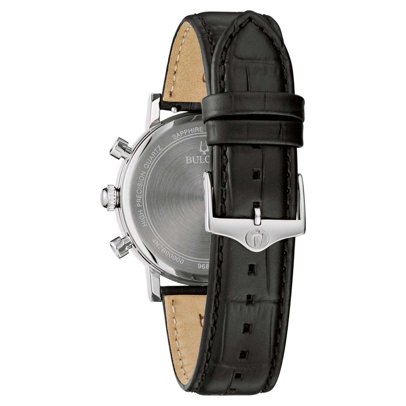 Schwarze Uhr mit Lederarmband, Detailaufnahme, Nahaufnahme, Uhrwerk, Zifferblatt