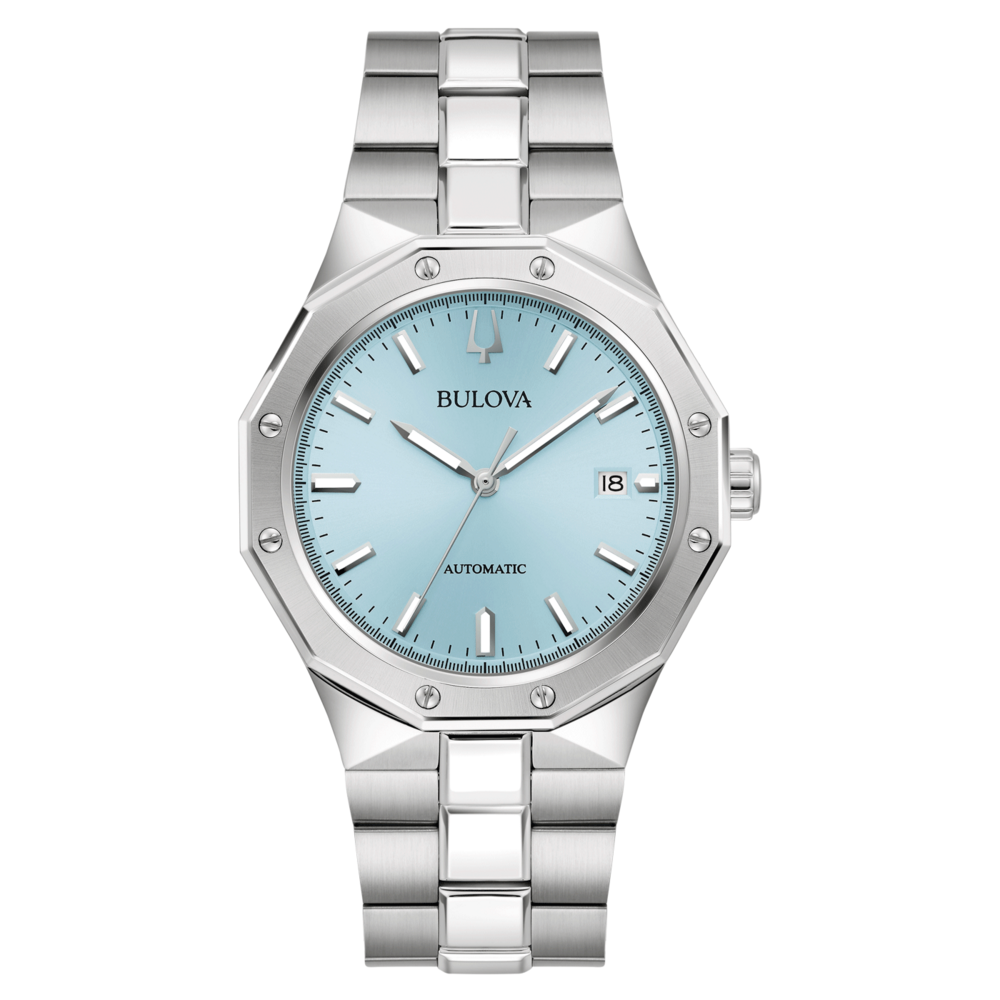 Bulova-Uhr mit hellblauem Zifferblatt und silbernem Armband, Automatik