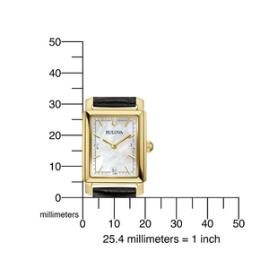Goldene Bulova-Uhr mit schwarzem Armband, Millimeter-Skala, 25,4 mm = 1 Zoll.