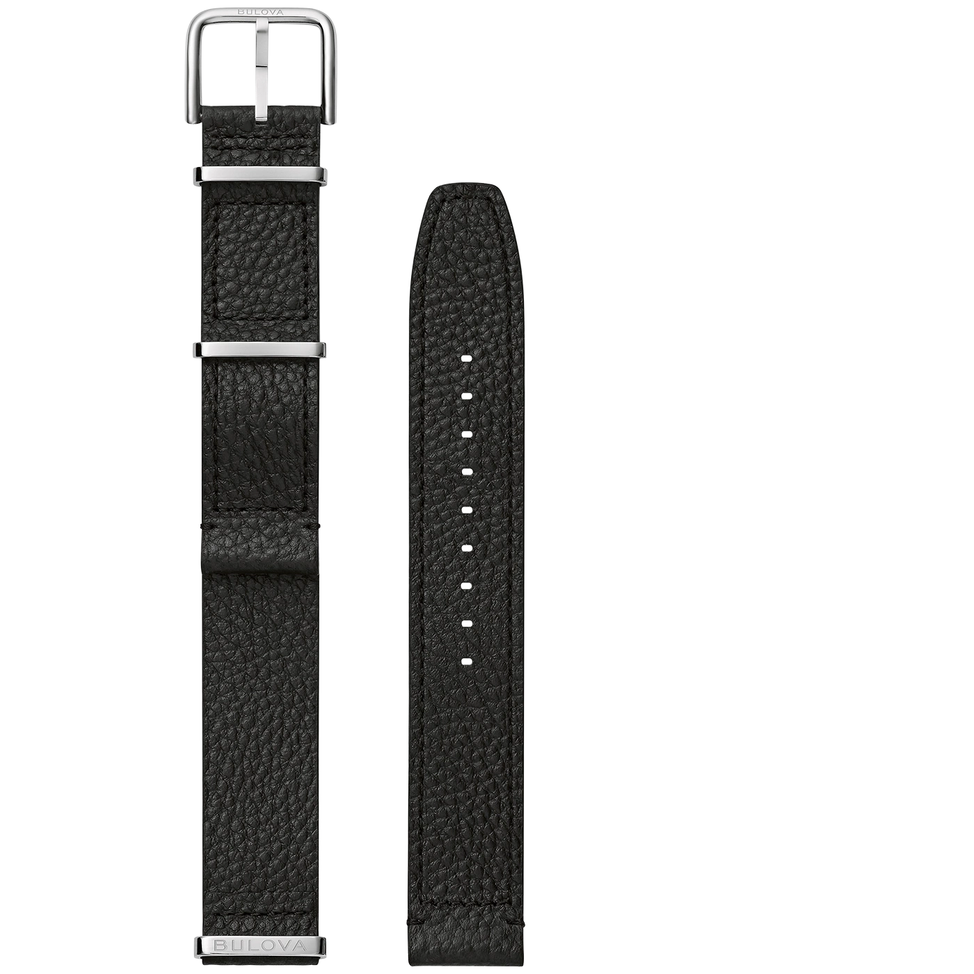 Schwarzes Lederarmband mit silbernen Details und Bulova-Logo, Nahaufnahme.