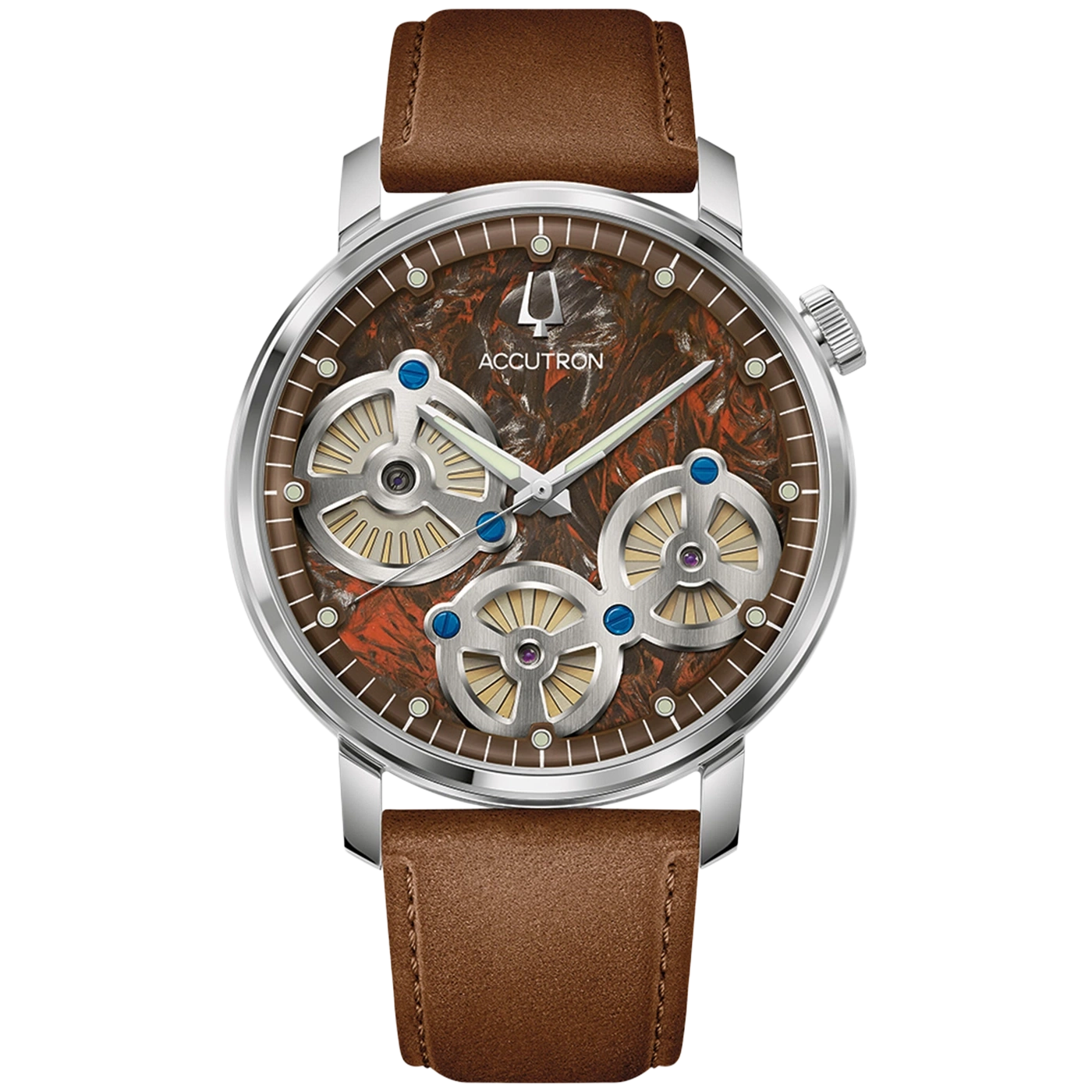 Eine silberne Herrenuhr mit braunem Zifferblatt und Lederarmband.
