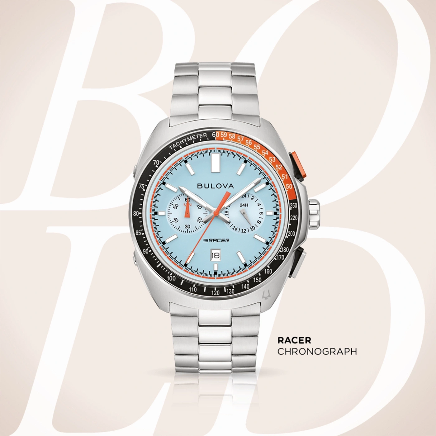 Bulova Racer Chronograph Uhr, hellblaues Zifferblatt, Tachymeter, Edelstahlarmband.